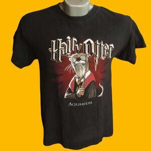 Mens T-shirt Small Y2K Hairy Otter Shirt Black AQUARIUM Short Sleeve Wizard